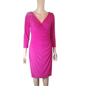 Lauren Ralph Lauren Fuchsia Ruched Sheath Dress 3/4 Sleeve Size 8 Cocktail Knee